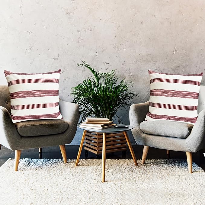 Decorative Throw Pillow Covers Set of 2 Wine Red Boho Striped Pillow Covers 20x20 Inch Throw Pillow Cover Linen Pillowcase Farmhouse Outdoor Pillow Covers for Couch Sofa Bed Living Room