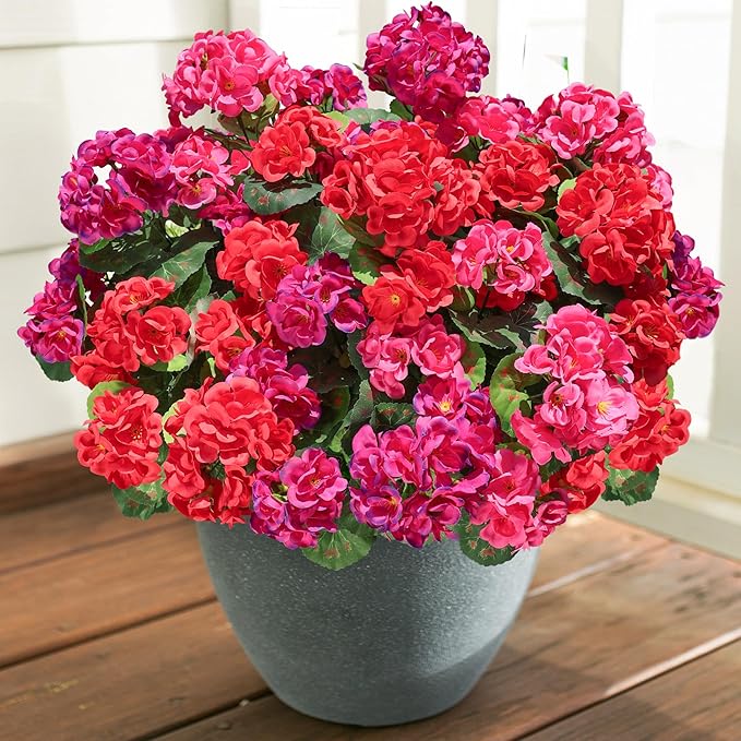 Artificial Geranium Fake Flowers for Outdoors Decoration, 6 Bundles Silk Geraniums Flower UV Resistant Look Real Faux Plants for Front Door Garden Porch Planter Patio Balcony Yard Indoor Home, Mix