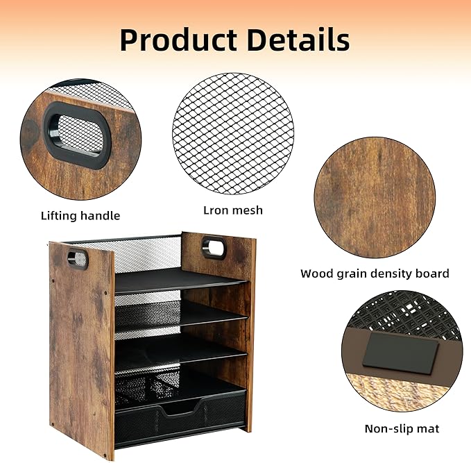 Wood Desk Organizer - 5-Tier Desktop File Organizer with Drawer, Wooden Paper Tray, Office Desk Organzier and Accessories for Papers, Mail, Notebooks, Stationery