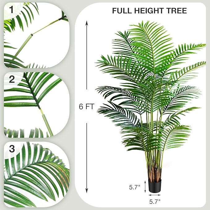 Worth Garden 6ft Artificial Areca Palm Plant 2 Packs in Pot, Fake Cane Palm Silk Tree Indoor Outdoor, Dypsis Lutescens, 70in Lifelike Faux Silk Plant Home Decor, Black Pot & 20g Dried Moss Included