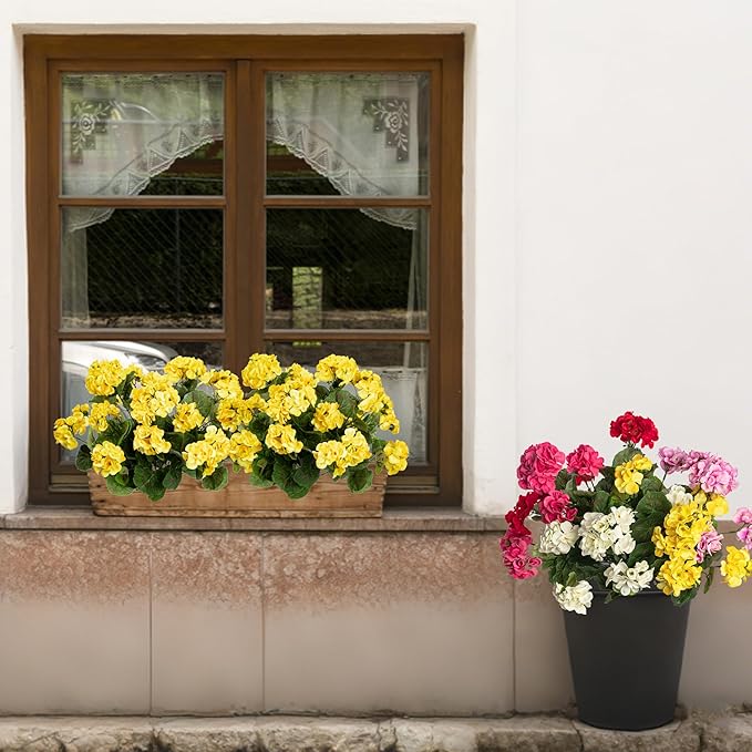 4PCS Home Decor Fake Plants Artificial Flowers Artificial Geraniums Outdoor Fake Flowers Artificial Flowers Fake Silk Bouquet, Fall Decor for Interior Porch Garden Decoration (Yellow) 14.4"