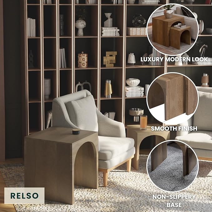 Relso Arch Duo Solid Mango Wood Nesting Tables for Living Room Set of 2 | Stylish Sustainable Design Side Tables | Pre-Assembled Unique Arched Cutouts | Mid Century Accent Table (Rustic Natural)