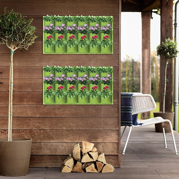 18 Pockets Hanging Grow Bags, 2 Pack Horizontal Wall Planter Plant Grow Bags Outdoor Indoor Hanging Planter for Balcony/Railing/Fence/Yard/Garden/Home Decoration, Green