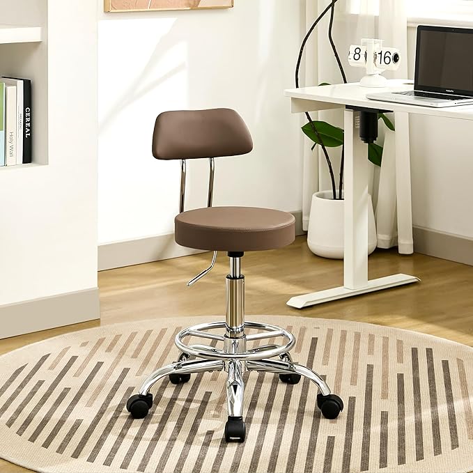 Office Drafting Chair (Rolling Office Stool) (Adjustable Height Footrest Massage Chair 19.5"-26.6") Lab Stool with Back (Coffee Brown)