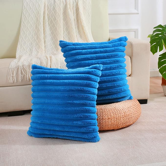 FUTEI Royal Blue Striped Decorative Throw Pillow Covers 26x26 Inch Set of 2,Square Fall Decorations Couch Euro Pillow Shams,Soft Cozy Faux Rabbit Fur & Velvet Back,Modern Home Decor for Bed