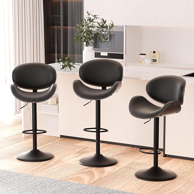 Swivel Bar Stools Set of 2, Seat Adjustable Height 23.5-32.5IN Bentwood Barstools with Back & Footrest, PU Leather Upholstered Counter Height Bar Chairs for Bar Kitchen Dining Room, Grey