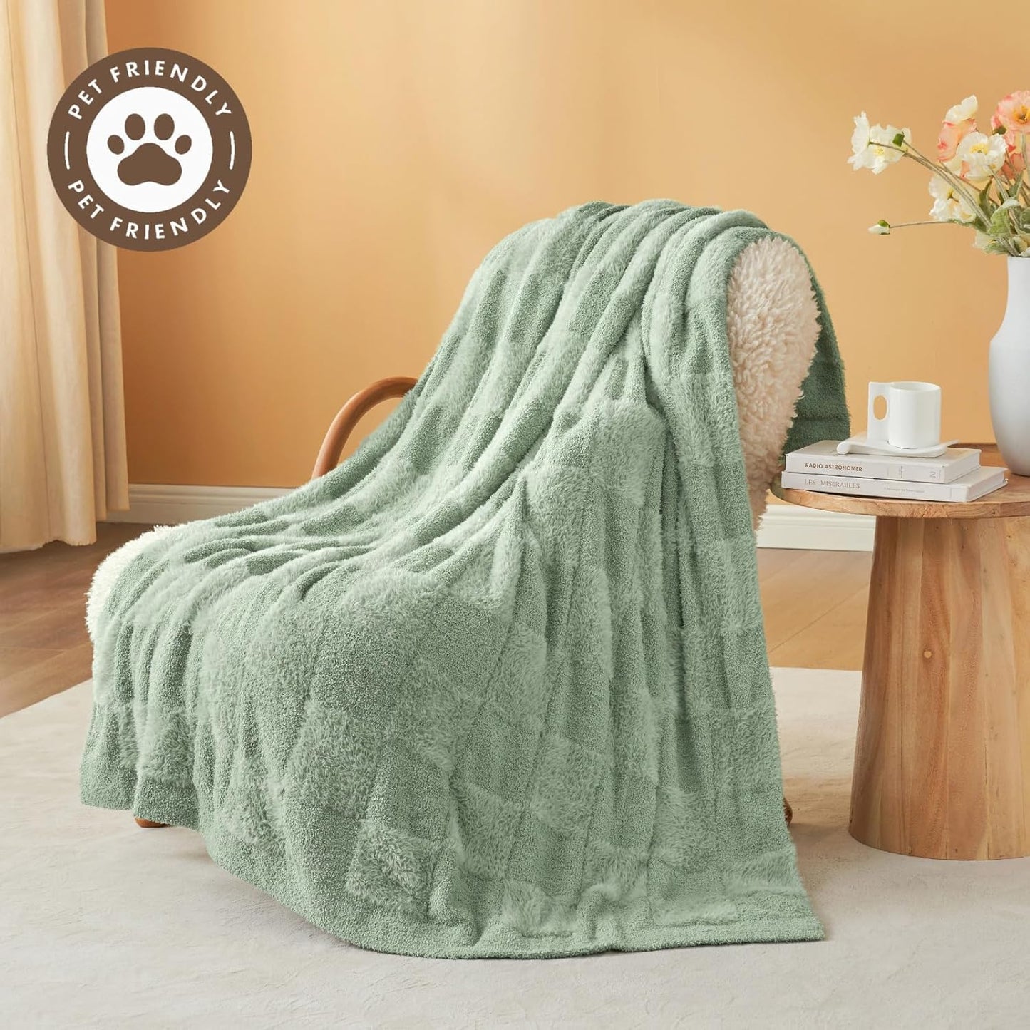 Snuggle Sac Faux Fur Checkered Blanket Twin Size with Soft Knitted Microfiber,Cozy Soft Warm Blanket for Sofa Bedroom Living Room,Solid Sage Green,60x80 inches
