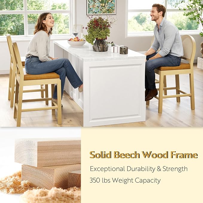 STHOUYN Upholstered Rattan Bar Stools Set of 2, Wooden Counter Height Bar Stools with Natural Rattan Woven Back and Faux Leather Seat, Mid-Century Modern Island Chairs Barstools for Kitchen (2, Brown)