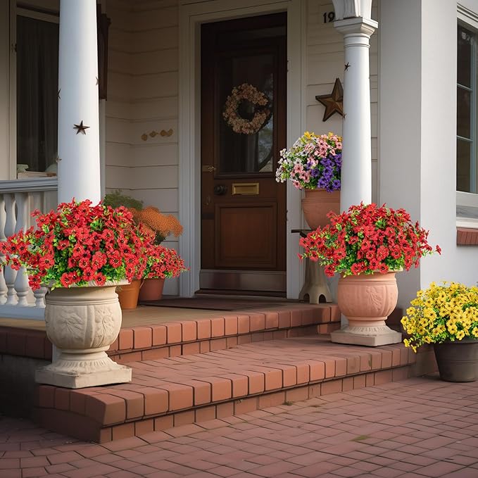 10 Bundles Artificial Faux Flowers for Outdoor,10Pcs Fake Flowers for Home Decor,Plastic Flowers Shrubs Lifelike Artificial Greenery Home Porch Stems Outside Decor(Red)