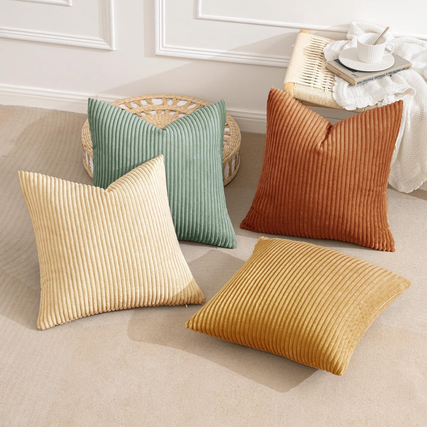 MIULEE Boho Farmhouse Throw Pillow Covers 18x18 Inch Set of 4 Summer Modern Natural Decorative Cushion Covers Soft Corduroy Home Decor for Couch Bed Sofa Living Room Orange Teal Gradient Series