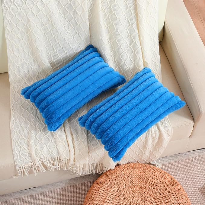 FUTEI Royal Blue Striped Decorative Throw Pillow Covers 12x20 Inch Set of 2,Rectangle Fall Decorations Couch Lumbar Pillowcase,Soft Cozy Faux Rabbit Fur & Velvet Back,Modern Home Decor for Bed