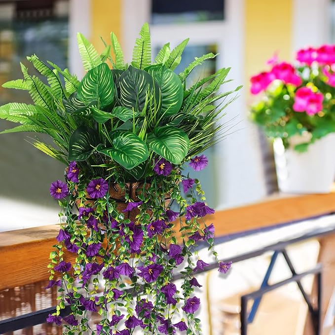 12 Pcs Artificial Greenery for Outdoor UV Resistant Fake Flowers and Greeneries Plastic Hanging Plants for Window Box Spring Summer Garden Patio Porch Yard Decoration(Classic Color)