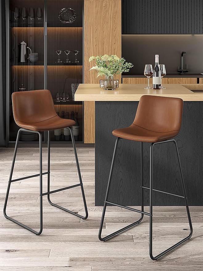 Bar Stools Set of 4, 30 Inches Counter Height Bar Stools with Back, Modern Faux Leather Barstools with Metal Legs and Footrest, Bar Chairs for Kitchens Island (Dark Brown)