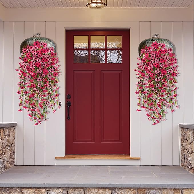 Fake Artificial Hanging Flowers for Outdoors Fake Plants Decoration, 2 Bundles Faux Silk Colorful Daisy Eucalyptus Realistic UV Resistant for Outside Home Planter Porch Patio Yard Decor(Rose Pink)