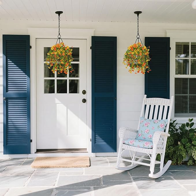 Artificial Flowers for Outdoors Decoration, 2 Pcs Outdoor Faux Plants Daisy with Eucalyptus Leaves Fall UV Resistant Fake Flowers Hanging Planters for Front Porch Patio Yard Door Garden Home Decor