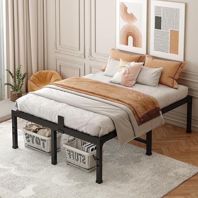 FUIOBYVV Queen Bed Frame 18 inch Heavy Duty Metal Platform Bed Frame Queen Size Support Up to 3500 lbs,No Box Spring Needed/No Shaking/Steel Slat Support/Noise Free/Easy Assembly