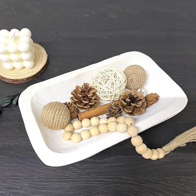 Wooden Dough Bowl Decor, Vintage Wooden Bowl Hand Carved Home Decor for Dining Table Center, Living Room, Kitchen Decor. (10inch white)