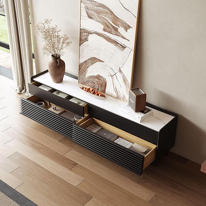 POVISON Fully-Assembled Mid Century Glossy Sintered Stone Tabletop TV Stand with Legs, Wood Media Console with Adjustable LED Light for 75-inch TVs, Entertainment Center with Storage for Living Room