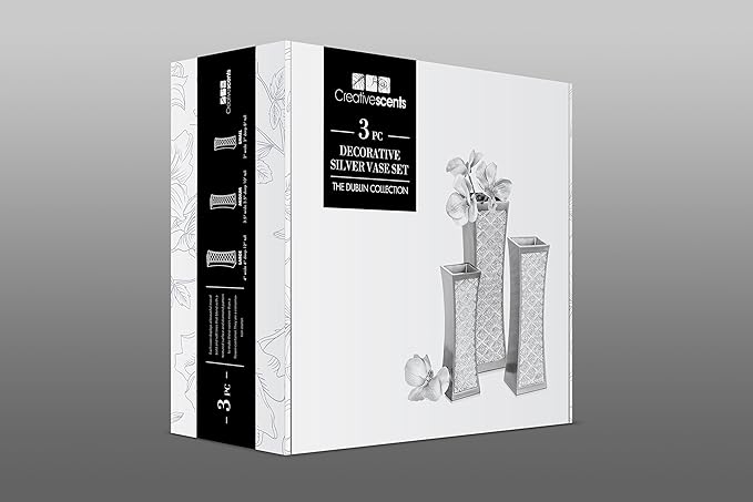 Creative Scents Dublin Silver Vases Set of 3 - Centerpieces for Dining Room Table, Decorative Vases Home Decor Accents for Living Room, Bedroom, Kitchen, Coffee Table Decor - Packaged in Gift Box