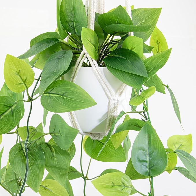 LOYWREE 1 Pack Artificial Hanging Plant Kit with Pot and Hanger - 39" Long Fake Pothos Vines - Hanging Potted Faux Plant Indoor for Wall Ceiling Bedroom Bathroom Living Room Home Decor (White Pot)
