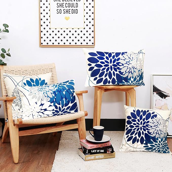 Blue Decorative Throw Pillow Covers 12x20 Inch Pillow Covers for Couch Living Room Bedroom Car Outdoor.Modern Sofa Throw Pillow Cover.Farmhouse Geometric Floral Linen Square Pillow Case.Set of 2