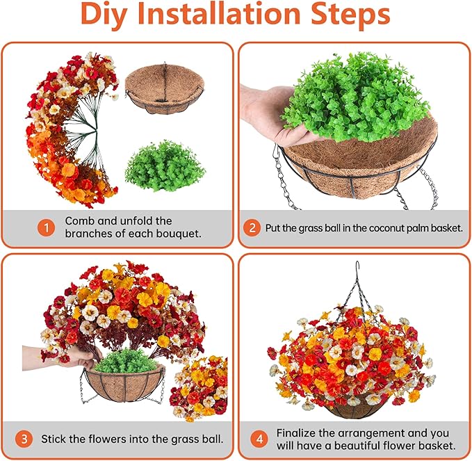 Artificial Fall Flowers with Hanging Baskets Outdoors, Faux mums for Outdoor planters, Fake Mums Petunia Artificial Hanging Plants UV Resistant for Autumn Porch Garden Home Yard Decor (Deep Autumn)