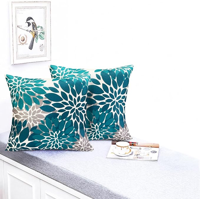 Decorative Throw Pillow Covers Set of 2 Teal Blue Pillow Covers 22x22 Inch Couch Pillow Covers for Sofa Living Room Outdoor Throw Pillow Cover Linen Floral Flower Farmhouse Pillowcase