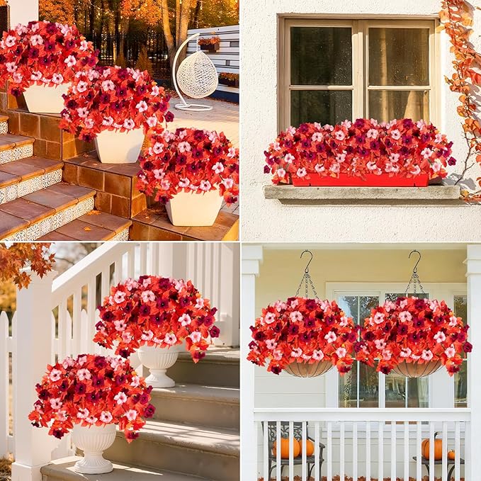 4 Pcs Artificial Fall Fake Flowers Plants for Outdoor Decoration,No Fade Faux Petunias,UV Resistant Realistic Autumn Silk Flowers,for Home Garden Balcony Yard Porch Deco (Dark Red)