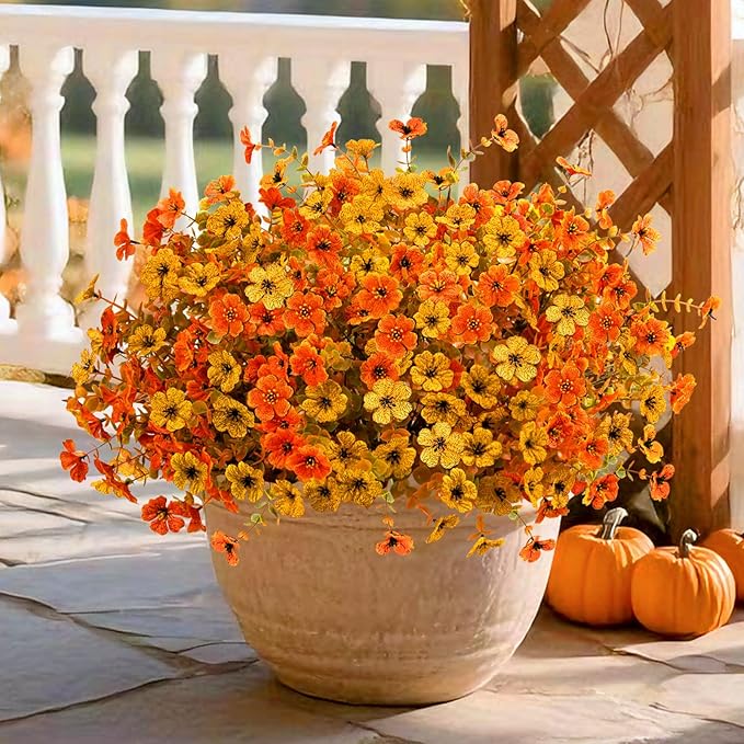 Artificial Mums Fall Fake Flowers for Outdoors, 12 Bundles Faux Mums for Outdoor Planters Decorations,UV Resistant Silk Flowers Plastic Plants for Front Porch Garden Patio Home Decor (F-Orange Yellow)