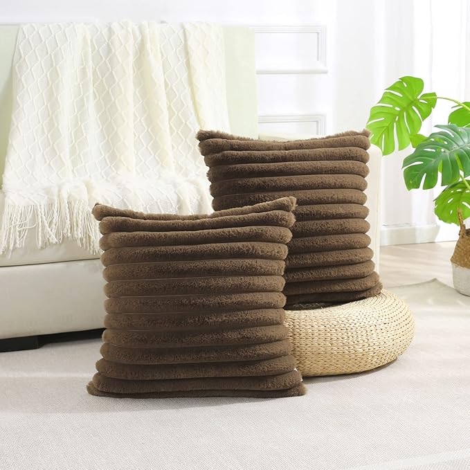 FUTEI Tan Striped Decorative Throw Pillow Covers 24x24 Inch Set of 2,Square Fall Decorations Couch Euro Pillow Case,Soft Cozy Faux Rabbit Fur & Velvet Back,Modern Home Decor for Bed