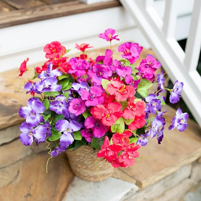 Hibiscus Artificial Flowers Plants for Outdoors Summer Decoration, 6 Bundles Fake Silk Hibiscus Bouquet Realistic UV Resistant Tropical Flowers Artificial for Outside Planter Front Door Porch Patio