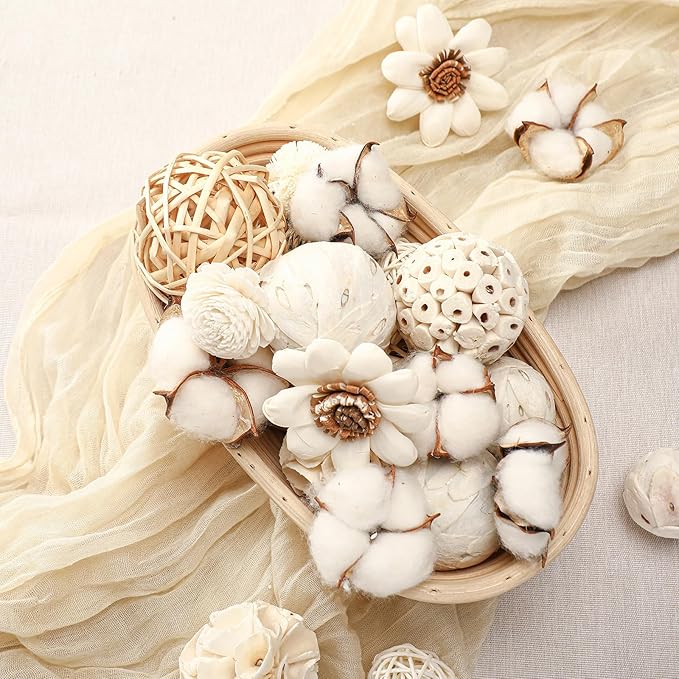 Riceshoot 2 Pack Decorative Balls Potpourri Bowl Filler Decor Natural Vase Bowl Filler Assorted Spherical Rattan Twigs Wicker Balls Cotton for Home Centerpiece(White)