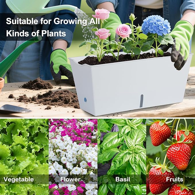 Window Box Planter 6 Pcs, 16.5 Inches Self Watering Rectangle Flower Plant Pots with Drainage Holes Trays, Vegetable Planters for Windowsill Patio Garden Balcony Porch Yard (White)