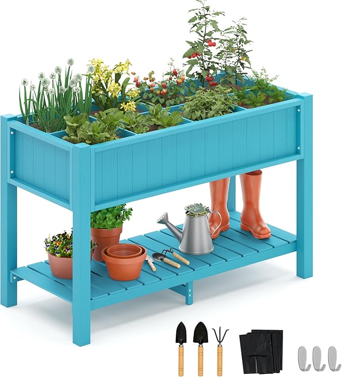 LUE BONA Elevated Planter Box with Legs and Shelf, 47 * 21 * 30in, 8 DIY Pocket HDPS Raised Garden Bed with Tools, 3-Year Warranty, No Crack, Large Outdoor Herb Raised Beds for Gardening Vegetables