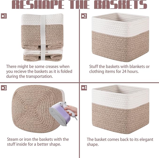 OIAHOMY 9”x9”x7” Storage Cubes, Cotton Rope Woven Baskets for Organizing, Cube Storage Bin, Small Gift Basket for Shelf, 3-Pack, Brown&White