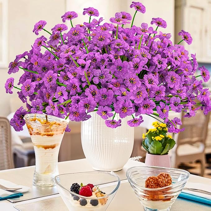 Krissing 48 Bundles Outdoor Artificial Flowers UV Resistant Fake Silk Flowers Faux Plastic Plants Outside Garden Porch Window Box Summer Decoration (Purple)