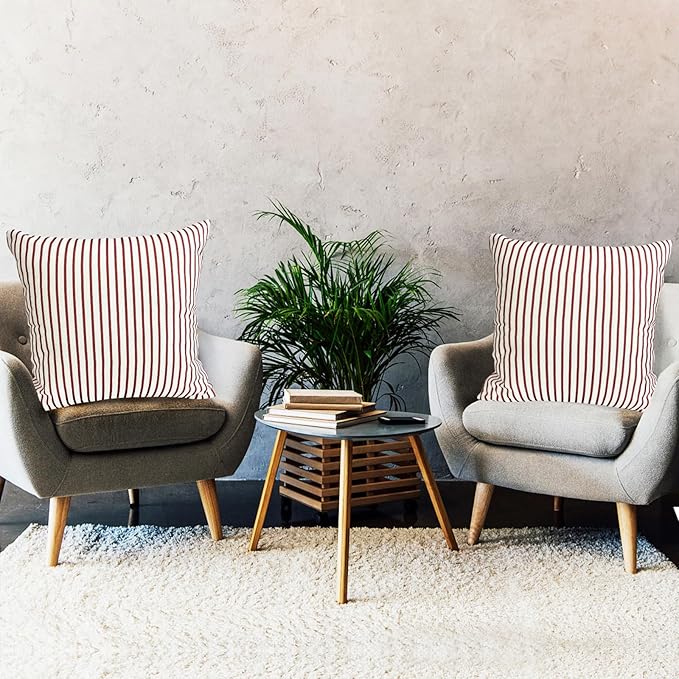 Decorative Throw Pillow Covers Set of 2 Wine Red Striped Pillow Covers 16x16 Inch Throw Pillow Cover Linen Pillowcase Modern Farmhouse Outdoor Pillow Covers for Couch Sofa Living Room