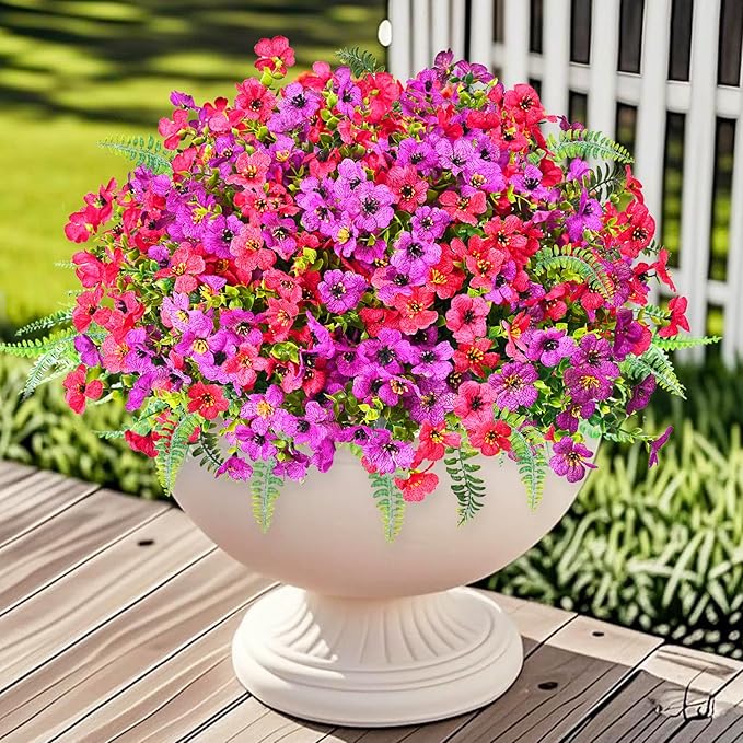 Artificial Faux Plants Flowers Outdoor Decoration,16 Bundles Fake Silk Colorful Daisy Eucalyptus Realistic UV Resistant for Outside Home Planter Porch Patio Yard Decor (Purple Red)