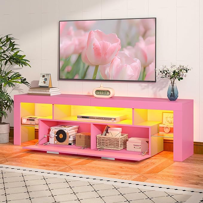 Clikuutory Modern Lighting 63 inch TV Stand with Large Storage Drawer for 50 55 60 65 70 75 Inch TVs, TV Console with 20 Color LED Lights, Entertainment Center Media and Open Shelf for Bedroom, Pink