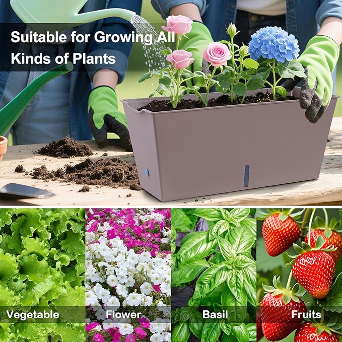 Window Box Planter 6 Pcs, 16.5 Inches Self Watering Rectangle Flower Plant Pots with Drainage Holes Trays, Vegetable Planters for Windowsill Patio Garden Balcony Porch Yard (Khaki)