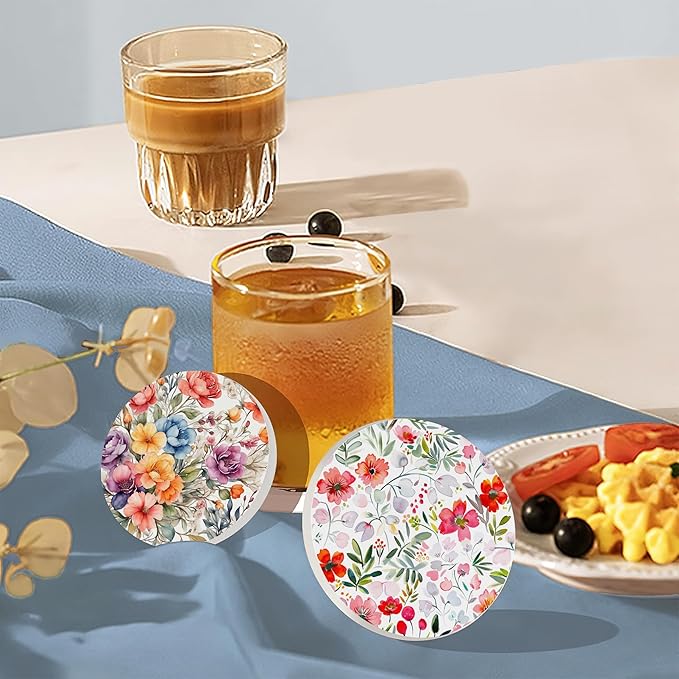 6 Pcs Coasters for Drinks with Holder, Vintage Watercolor Flowers Absorbent Ceramic Coasters with Cork Base,Cute Funny Table Drinks Coasters Tabletop Protection Mat,Table Home Decor,4 Inches