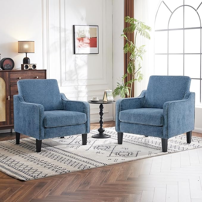 VINGLI Mid Century Modern Accent Chair,Navy Blue Chenille Chairs for Living Room Upholstered Armchair with Scooped Arms for Bedroom,Apartment,Studio,Office,Waiting Room