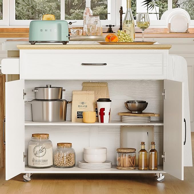 IRONCK Kitchen Island Table with Storage, Rolling Kitchen Cart with Power Outlet, Storage Cabinets on Wheels with Drop Leaf, Portable for Dining Room, White