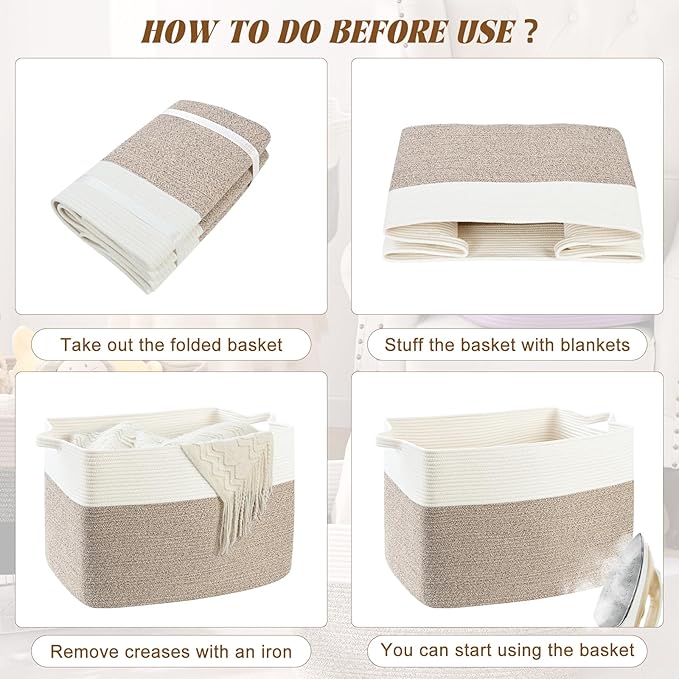 Large Blanket Basket, 100 L Rectangle Storage Baskets for Organizing, Woven Laundry Basket for Blankets, Cotton rope Blanket Storage for Living Room, Nursery Room, Brown