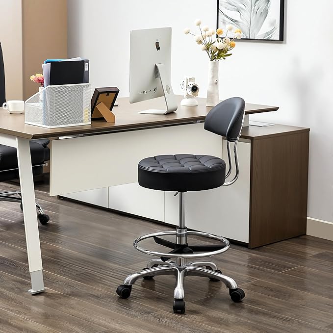 Salon Stool with Back Support (Sturdy Aluminum Base) (Lash Chair with Quiet Wheels and Foot Rest) Black Leather Vanity Chair (Black)