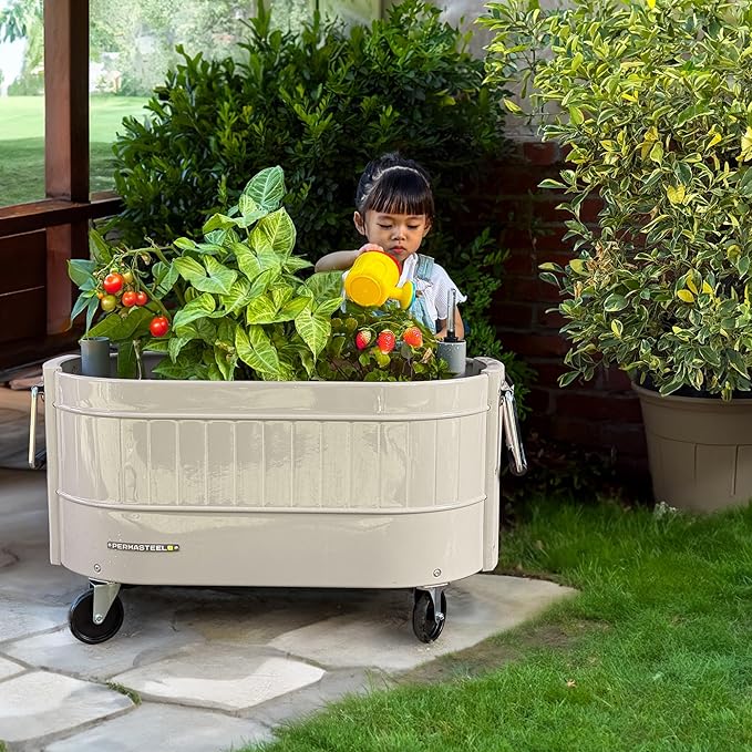 Permasteel Self-Watering Garden Bed, Rolling Planter for Vegetables, Flowers, Herbs, and Fruit, Outdoor Indoor, Caster Wheels, Ivory