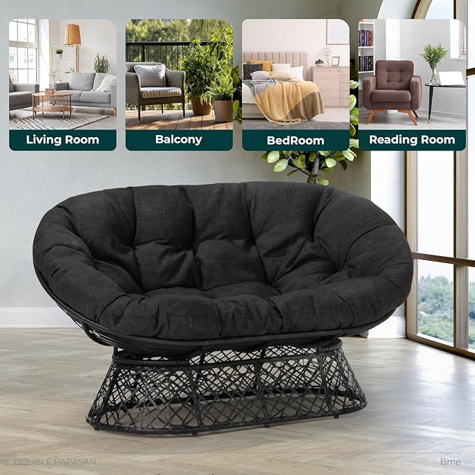 Bme Double Papasan Chair, 600lbs Capacity, Ergonomic Design, Soft Thick Fabric Cushion, Bee-Designed, Durable Steel Frame, 61", Onyx Stone-Black Base