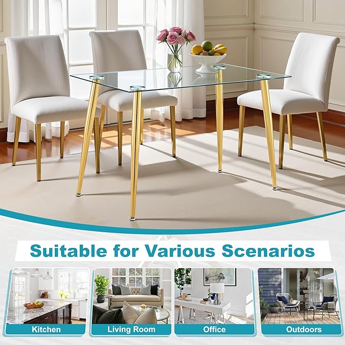 Dining Table for 6 Kitchen Table 47.2" Rectangular Modern Glass Dining Table Kitchen & Dining Room Tables with Glass Tabletop and Metal Legs for Dining Room and Kitchen, Champagne