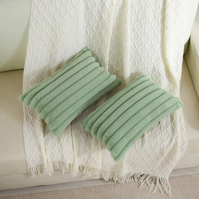 FUTEI Sage Green Striped Decorative Throw Pillow Covers 12x20 Inch Set of 2,Rectangle Fall Decorations Couch Lumbar Pillowcase,Soft Cozy Faux Rabbit Fur & Velvet Back,Modern Home Decor for Bed