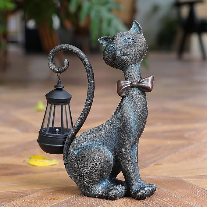 Whimsical Outdoor Cat Statues with Solar Garden Lantern:Cat Garden Statues for Outside Fall Decor Clearance,Outdoor Figurine for Yard Art Lawn Ornaments Patio Balcony Home House - Birthday Gifts